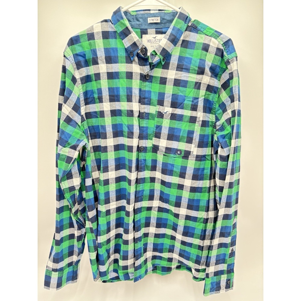 NWT Hollister‎ California Epic Flex Stretch Plaid Shirt Mens XL Blue Green NWT